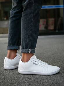 （适合宽/胖脚）男士时尚宽头系带黑色平底简约赤脚鞋，百搭户外宽版运动休闲商务正装鞋 - 白色 - 查看 8