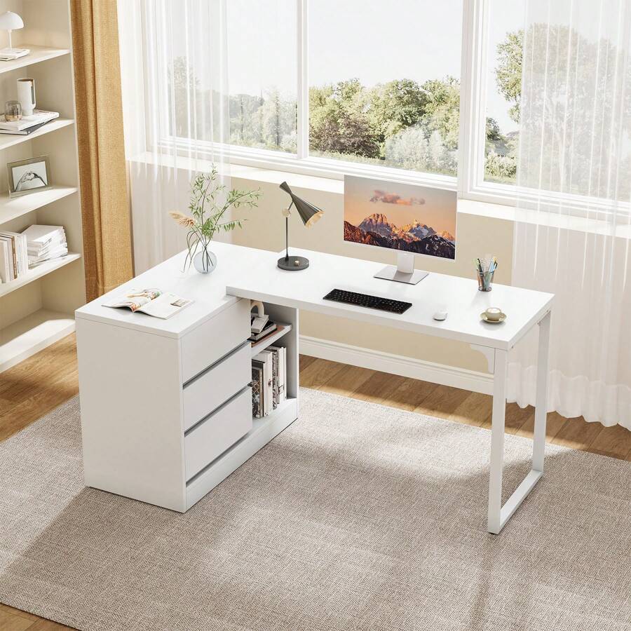 Tribesigns L-Shaped Computer Desk With Drawers And Shelves, Reversible White Corner Office Desk With Storage Cabinet, Modern Study Writing Table For Home Office, Bedroom - 白色 - 查看 1