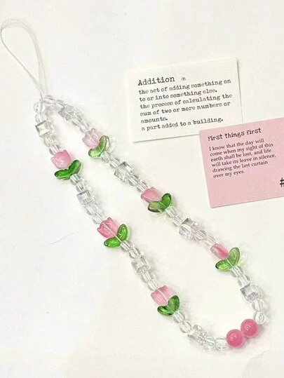 1 pieza Cordón para teléfono con flor de tulipán de cristal lindo, adecuado para accesorios de teléfono, regalos de cumpleaños, Halloween (las cuentas pueden ser aleatorias)