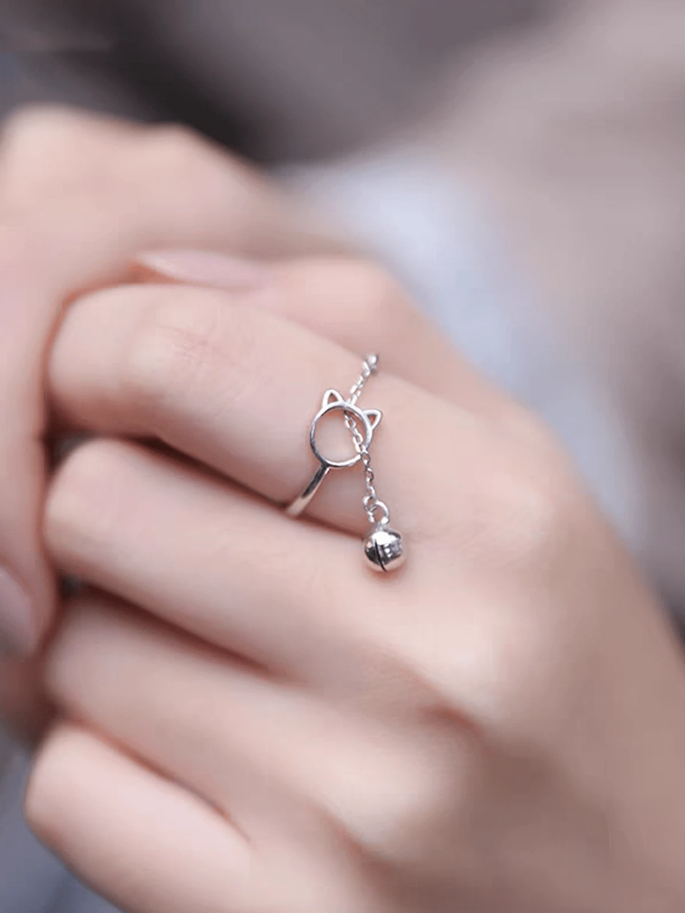 GAGAFEEL 1 件简约可爱 S925 纯银镂空猫铃开口戒指适合日常佩戴和赠送朋友。 - 銀色 - 查看 1