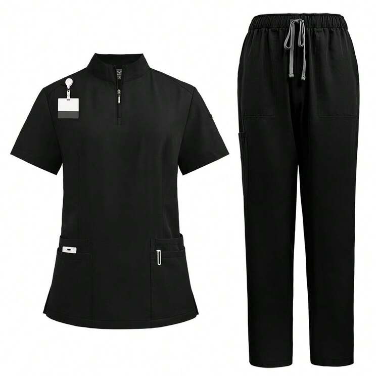 1 Set Divisa da donna con colletto alto e zip, manica corta, con design morbido, colletto alto, tasche, realizzato in poliestere, adatto per lavoro in ospedale, divisa da infermiera, set primavera nero - nero - Visualizzare 1