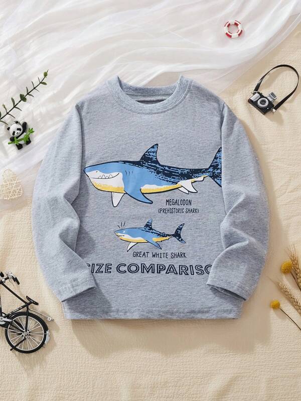 Young Boys  Long Sleeve T-Shirt, Cartoon Shark Print Pattern, Fashionable For Autumn & Winter