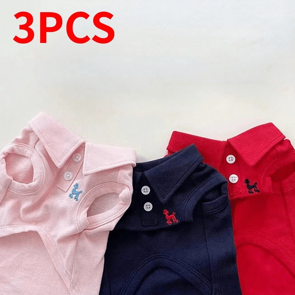 3 件套宠物纯色 Polo 衫配刺绣背心套装，春夏