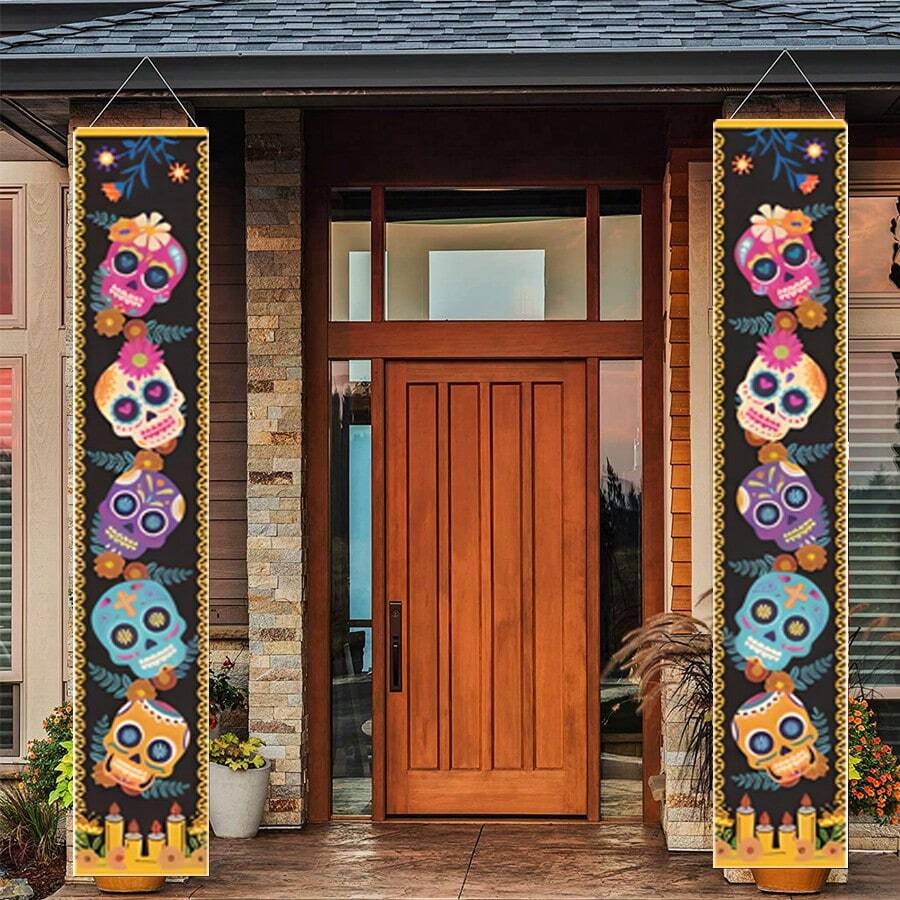 Decoración De Porche Día De Los Muertos 2 Piezas Banner , decoración hogar interior exterior, Halloween - Multicolor - Ver 1