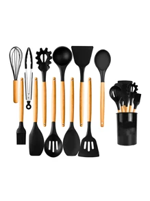 Kitchen Set Kit With 12 Silicone Pieces, Utensils And Cup Holder For Kitchen With Wooden Handle - Black - View 2