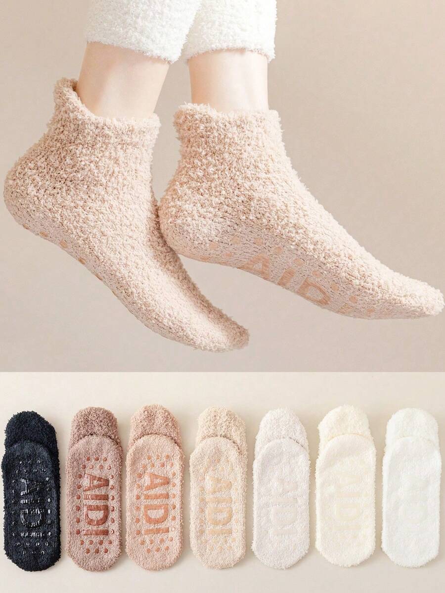 3 pares/paquete Calcetines de tobillo de coral sólido de felpa de silicona antideslizante para mujeres, calcetines suaves y acogedores para el hogar - Multicolor - Ver 1