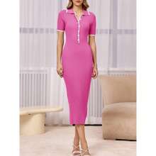 Womens Short Sleeve Maxi Dress Summer Bodycon Button V Neck Collared Knit Elegant Party Long Sweater Dresses - 粉色 - 查看 2