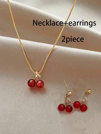 Conjunto de collar y aretes de cereza rojo vino lindo de 2 piezas, nuevo diseño minimalista y elegante de aretes y cadena de cuello exquisita