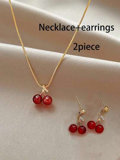 2pcs Cute Wine Red Cherry Necklace Earrings Set, New Minimalist Design Stud Earrings And Exquisite Neck Chain