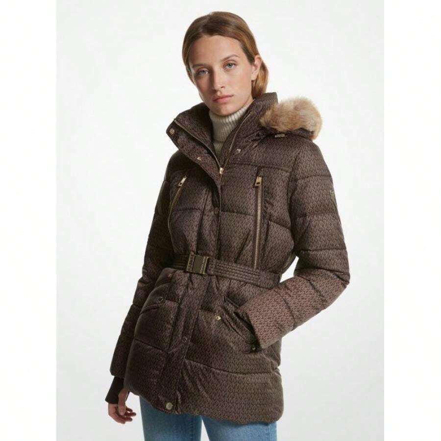 Michael Kors Michael_kors | Faux Fur Trim Quilted Belted Puffer Jacket - 巧克力 - 查看 1
