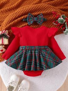 1pc Baby Girl Cute Long Sleeve Bodysuit With Frill Hem, Autumn/Winter, For Christmas - Red - View 2