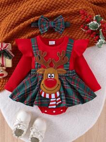 1pc Baby Girl Cute Long Sleeve Bodysuit With Frill Hem, Autumn/Winter, For Christmas - Red - View 1