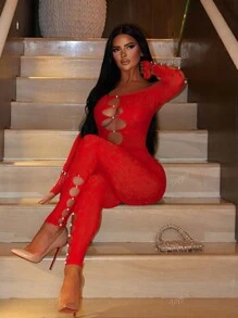 Women's Fashionable Lace Jumpsuits With Hollow-Out Design, Sexy Bodycon Style