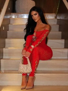 女士时尚蕾丝连体裤，镂空设计，性感紧身款式 - 紅色 - 查看 3