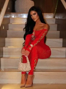 Women's Fashionable Lace Jumpsuits With Hollow-Out Design, Sexy Bodycon Style