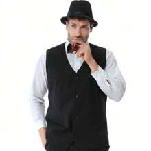 9Pcs/Set Men's 1920s Costume Set - Roaring 20s Flapper Outfit, Speakeasy Attire With Vest, Fedora Hat, Suspenders, Bow Tie, Vintage Accessories (Shirt Not Included) - 黑色 - 查看 4