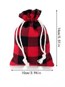 5/10/20 件圣诞格子亚麻束口袋糖果束口袋圣诞礼物袋，万圣节，万圣节装饰 - 紅格子 - 查看 2