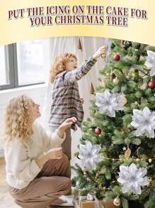 10 Piezas de Flores Navideñas, Dorado, Rojo, Plateado, Flores para Árbol de Navidad, Flores Navideñas Brillantes, Flores de Poinsetia, Artificiales para Decoración de Árbol de Navidad, Decoración de Fiesta, Navidad