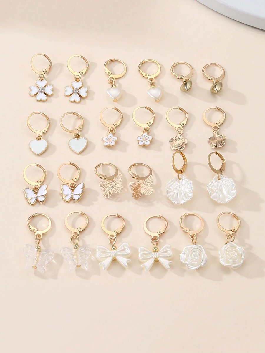 NAIZHU 24pcs/Set French Style Versatile Pendant Ear Clips, Bow Flower Shell Heart Gentle Niche Earrings Set YSE292 - Multicolor - View 1