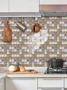 10 件几何格子花卉图案印花 PVC 仿瓷砖家居装饰墙贴，DIY 即撕即贴壁纸，适用于厨房、浴室、客厅、卧室墙壁装饰