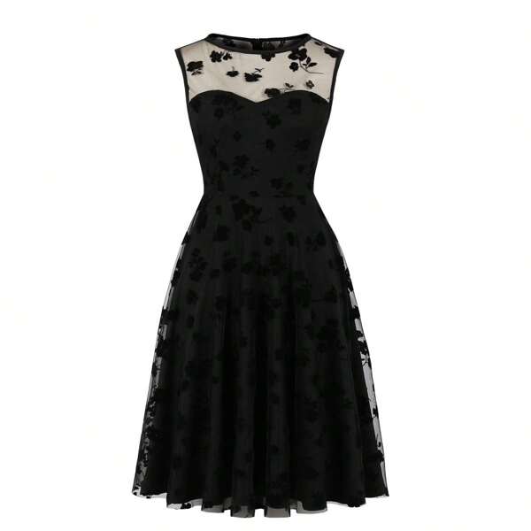Women's 50s Vintage Floral Lace Retro Rockabilly Sleeveless Round Neck Cocktail Party Swing Dress