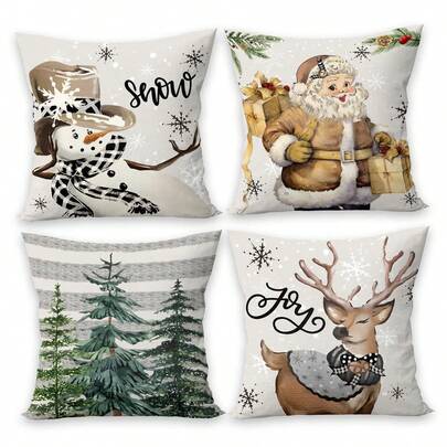 4pcs Velvet Cushion Cover Sets, Vintage Christmas Series With Santa Claus, Christmas Tree, Snowman, Reindeer Patterns, Suitable For Christmas Decoration In Living Room, Bedroom, Sofa, Christmas Party, Does Not Include Cushion Insert
