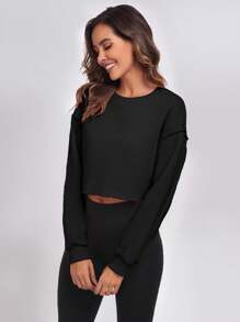 Felpa casual corta da donna per workout, con maniche lunghe, collo tondo, modello pullover, crop top con vestibilità oversize, in tessuto di pile sottile e morbido, adatta per autunno/inverno