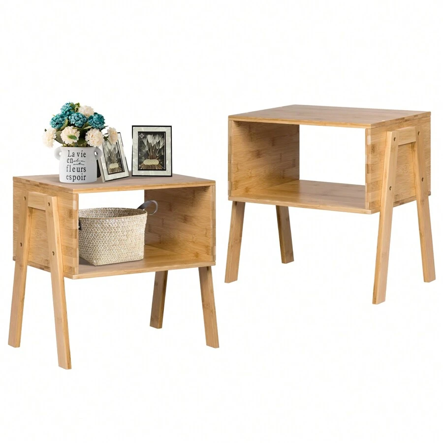 Stackable Bedside Table Set Of 2, 2PCS End Sofa Side Table With Large Open Shelf & Sturdy Waterproof Material - Khaki - View 1