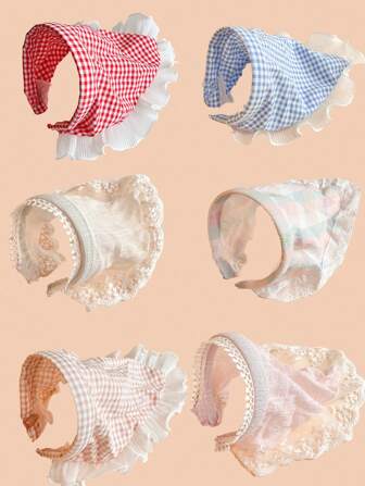 1pc Gingham Lace Trim Rustic Style Triangle Headband, Girls Hair Accessory For Party Decor, For Christmas