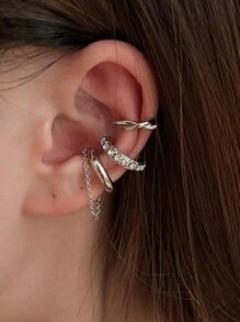 17KM 3 Stücke Cubic Zirkonia Einfache Clip Ohrringe Set Für Frauen, Urlaub/Dating Geschenk - Silber - Übersicht 3