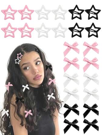 24pcs/Set Women Fashion Colorful Bowknot & Star Hair Clips Combination, Sweet Mini Hair Clips Set, Elegant Princess Barrettes, Y2K Girly Hair Accessories, Cute Pink Hairpins For Daily Usey2k Claw Clips, School Stuff, College, Pink Hair Clips, Bows