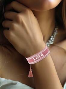 1 件定制姓名宽编织袖口手链，女士刺绣编织手链 | 波西米亚风女士手链|，个性化女士手链袖口 | 友谊袖口手链，定制婚礼刺绣文字手链，派对带流苏可调节手链