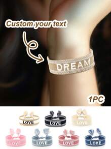 1 件定制姓名宽编织袖口手链，女士刺绣编织手链 | 波西米亚风女士手链|，个性化女士手链袖口 | 友谊袖口手链，定制婚礼刺绣文字手链，派对带流苏可调节手链