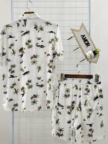 Printed Hawaiian Shirt And Shorts Set For Men Adults 100% Viscose Fabric With Elastane - 綠色 - 查看 2