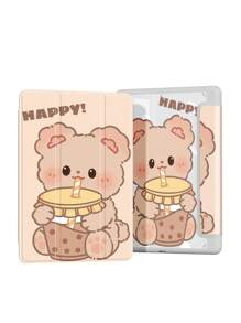 苹果泰迪熊 1 件可爱熊喝奶茶图案，升级双面印刷，彩色亚克力透明水晶后盖保护套，兼容 iPad 10.2 英寸、iPad Pro 11 英寸 2021/2020/10 代、iPad Mini 6、iPad 5 代 (9.7 英寸)、iPad Air 5 代 2022，带笔架，防摔，自动睡眠/唤醒 - 彩色 - 查看 2