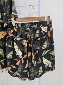 Printed Hawaiian Shirt And Shorts Set For Men Adults 100% Viscose Fabric With Elastane - màu đen - Xem 5
