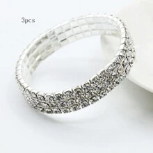 1pc Minimalistic Full Rhinestone Single Strand Elastic Bracelet, Shiny Celebrity Style Jewelry Set - Silver - View 8