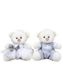 Decorative Teddy Bear Couple For Engagements And Weddings White Flower Girl With Gray Detail And Gray Page Boy - Decoration 15 Cm - Rơm sang trọng - Xem 1