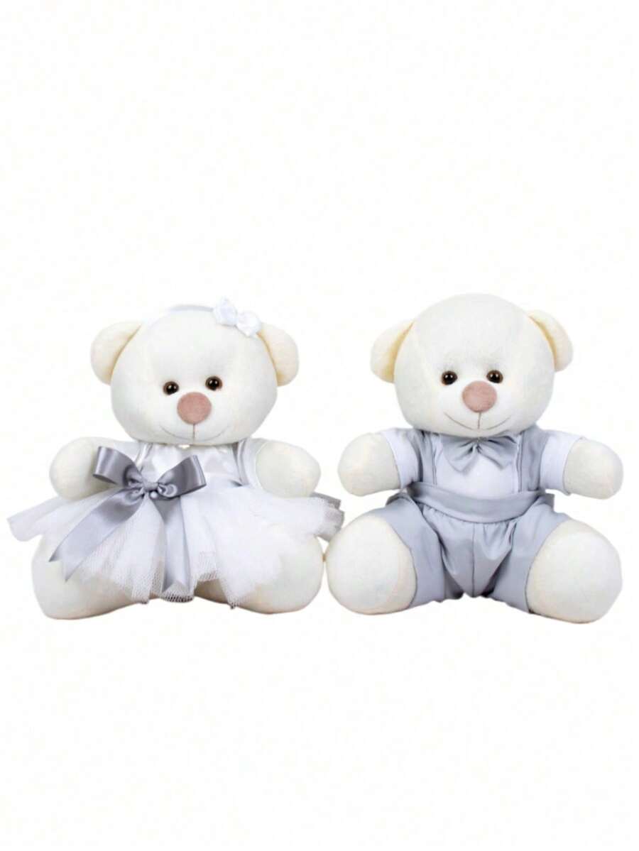 Decorative Teddy Bear Couple For Engagements And Weddings White Flower Girl With Gray Detail And Gray Page Boy - Decoration 15 Cm - Rơm sang trọng - Xem 1