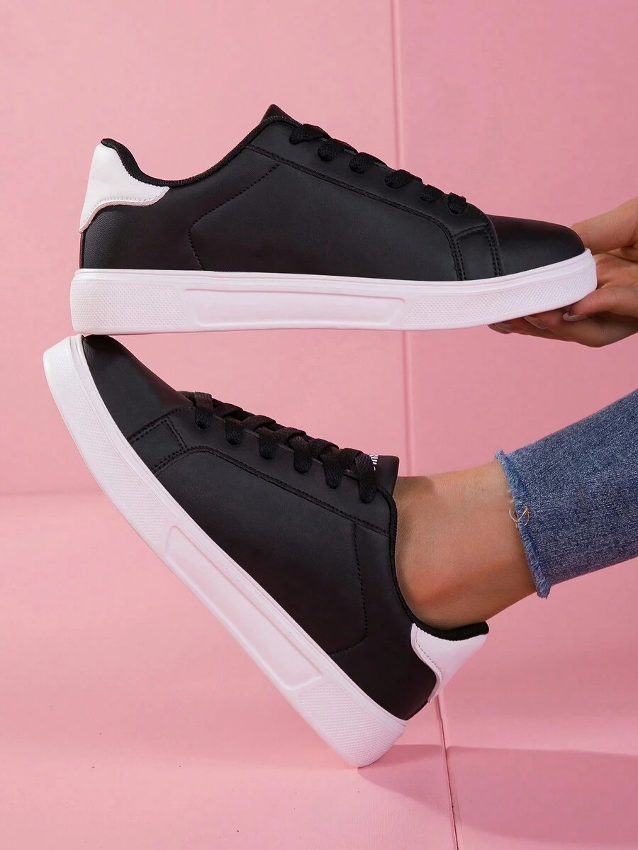 Women's Platform Casual Sneakers, Lightweight Breathable Soft Sole Anti-Slip Comfortable Classic Lace-Up Fashion Workout Shoes - Black and White - View 1