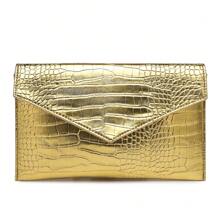 22 TOTE Crocodile PU Leather Gold Clutch Envelope Bag Crossbody Purse With Chain Strap - Gold - View 4