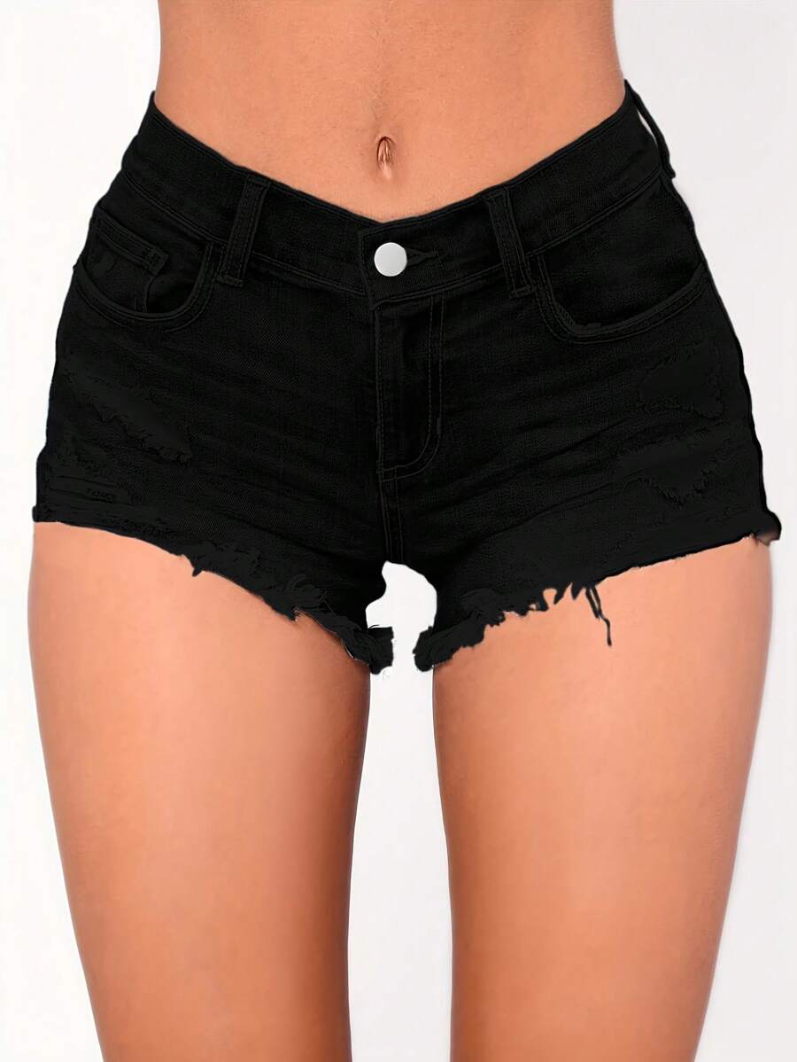Women's High Waisted Corrugated Denim Shorts With Worn-Out Hem Buttons And Fly Button Design, Fashionable And Casual Summer Denim Shorts, Fashionable Women's Lightweight And Breathable Denim Shorts, Suitable For Daily Wear - 黑色 - 查看 1