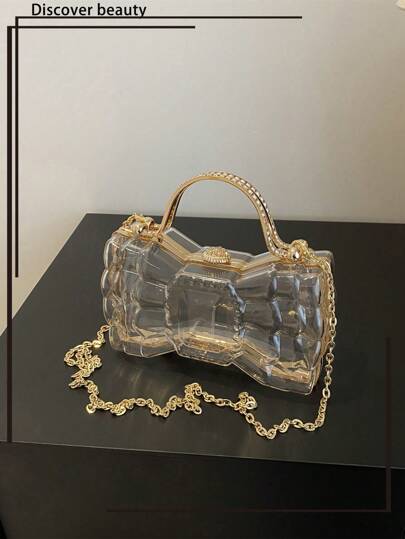 鑲有鑽石手柄和鍊條的蝴蝶結手拿包，透明派對晚宴包，獨特的設計非常適合女性，是一份有趣的禮物