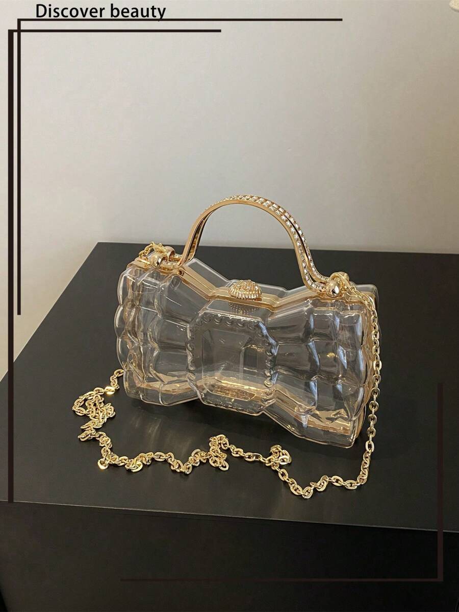 鑲有鑽石手柄和鍊條的蝴蝶結手拿包，透明派對晚宴包，獨特的設計非常適合女性，是一份有趣的禮物 - 無色 - 查看 1