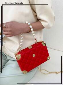 Quilted Plain Diamond Grid Pearl Rhinestone Decor Handbag With Metal Chain Strap And Flap Lock Closure, Small Boxy Fashion Gift Purse For Women - Red - View 1