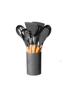 Kitchen Set Kit With 12 Silicone Pieces, Utensils And Cup Holder For Kitchen With Wooden Handle - Grey - View 1