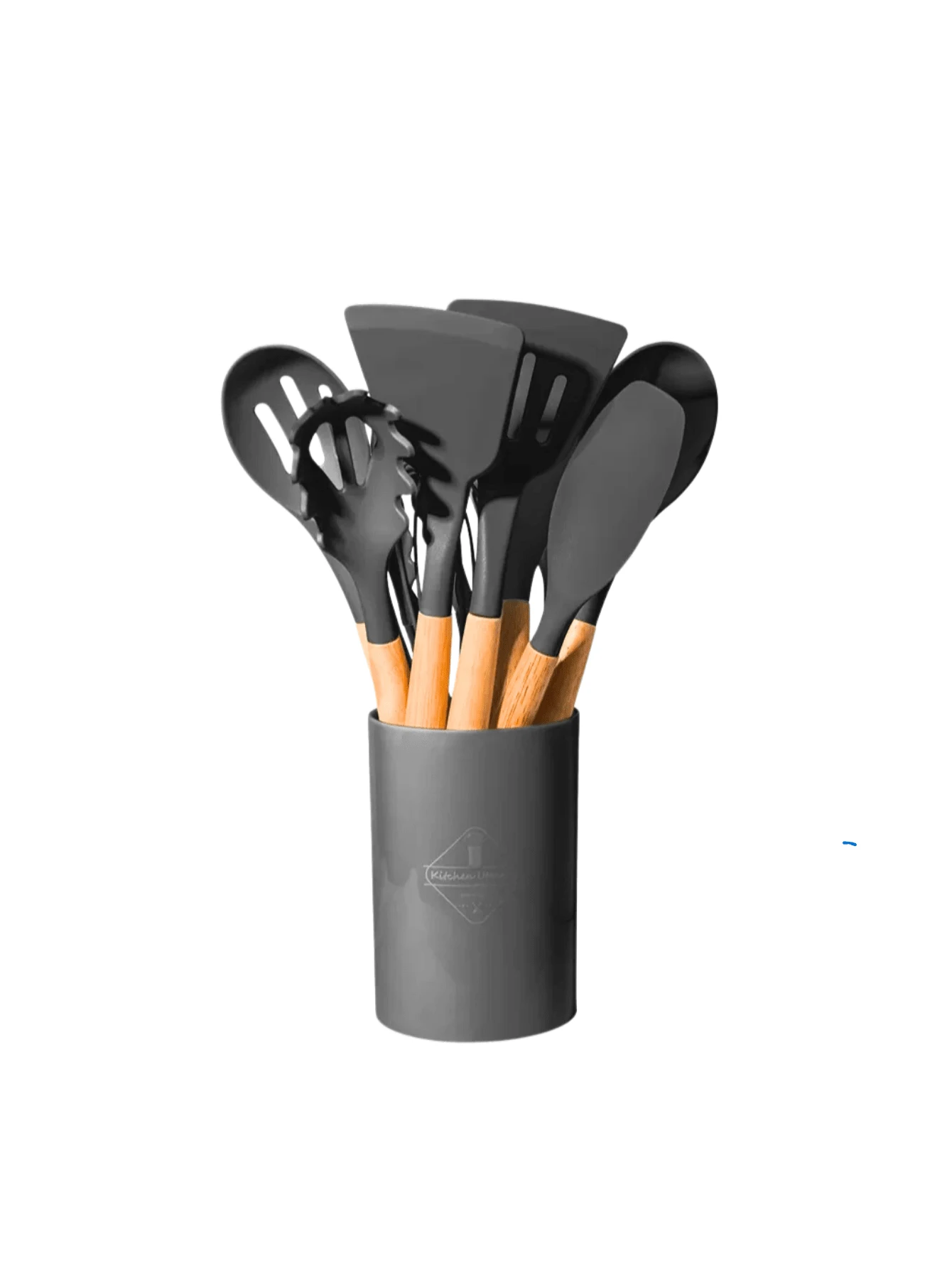 Kitchen Set Kit With 12 Silicone Pieces, Utensils And Cup Holder For Kitchen With Wooden Handle - Grey - View 1