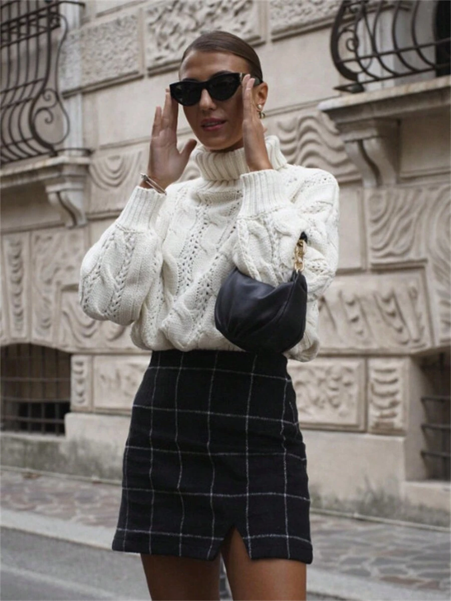 女士粗针织高领宽松纯色毛衣、针织打底衫