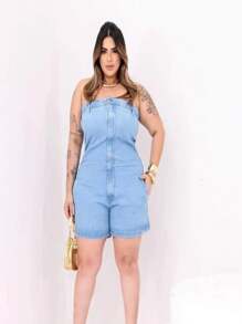 Macaquinho Plus Size Jeans Curto