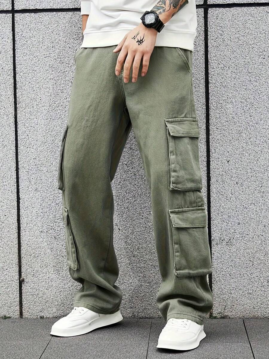 Men Flap Pocket Side Cargo Jeans - Army Green - View 1